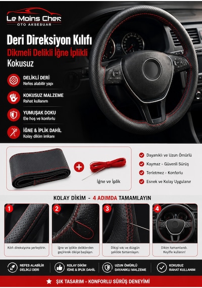 Alfa Romeo 147 Collezione Kırmızı Deri Direksiyon Kılıfı Dikmeli Delikli İğne İplikli Kokusuz