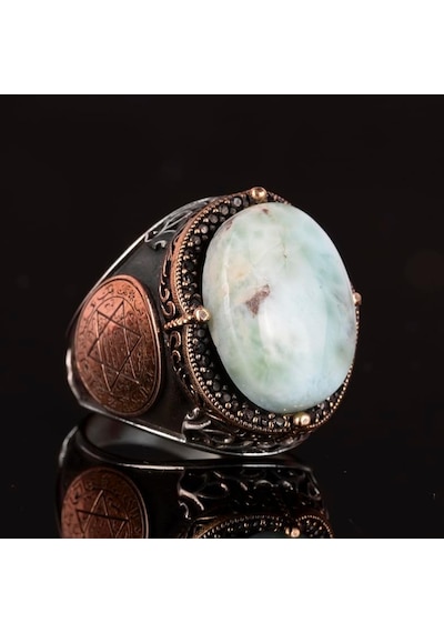 Larimar Taşlı Yüzük - Huzurlu 925 Ayar Solid Gümüş Erkek Yüzüğü - Okyanus Sakinliği Tasarımı Gümüş