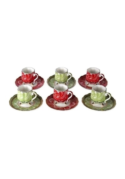 Lucky Art Lancelot Bone 6lı Ayaklı Kahve Fincanı Seti Kırmızı - Mavi