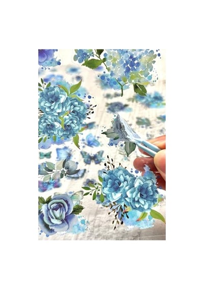 60 Adet Şeffaf Büyük Mavi Çiçek Sticker, Scrapbook İçin Abanoz