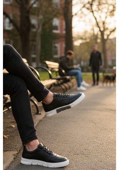 Enoch Hakiki Deri Sportif Tasarım Bağcıklı Erkek Sneaker Comfort Taban Siyah - Beyaz Enoch Hakiki Deri Sportif Tasarım Bağcıklı Erkek Sneaker Comfort Taban Siyah - Beyaz