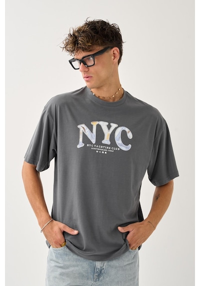 Geniş Kalıp Bisiklet Yaka Baskılı Unisex T-shirt Gri