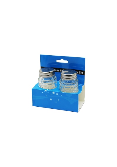 Glass Salt 2li Kabartmalı Metal Kapaklı Yuvarlak Cam Tuzluk - Baharatlık 5332 Açık Bej