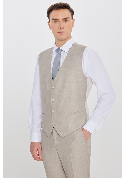 Ac&co Erkek Bej Slim Fit Dar Kesim Kırlangıç Yaka Kapak Cepli Çizgili Takım Elbise