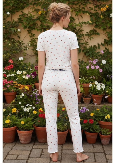 Siyah İnci Lastikli Fitilli Kaşkorse Örme Pijama Takım 26120601 Beyaz Kırmızı