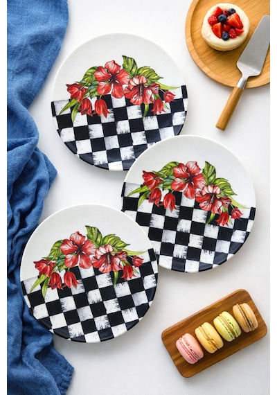 Grandora Siyah Beyaz Dama Ve Çiçek Desenli 6 Adet, 20 Cm Modern Pasta Tatlı Tabağı Seti Siyah-beyaz