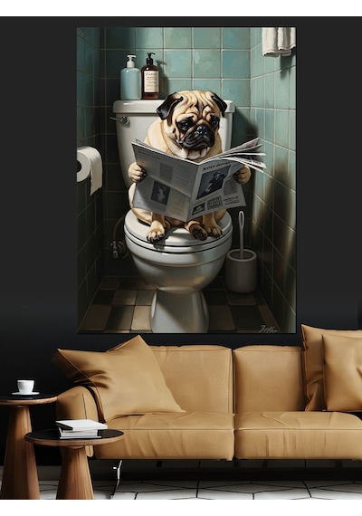 Ahşap Tablo Gazete Okuyan Pug Köpek Banyoda