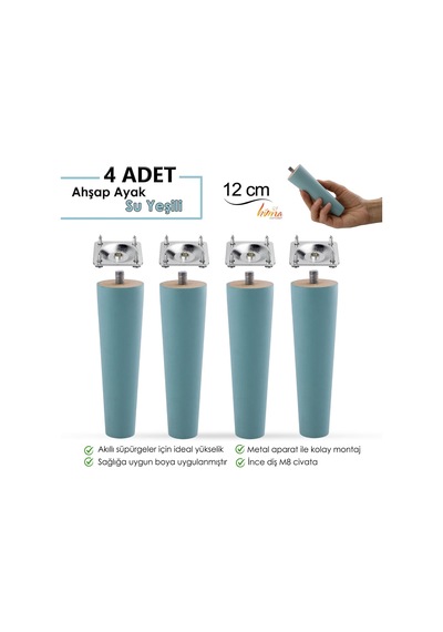 4 Adet Ahşap Ayak 12 Cm Su Yeşili M8 Civatalı Bağlantı Aparatlı Dolap Mobilya Koltuk Kanepe Destek Ayağı Ayakları Yeşil