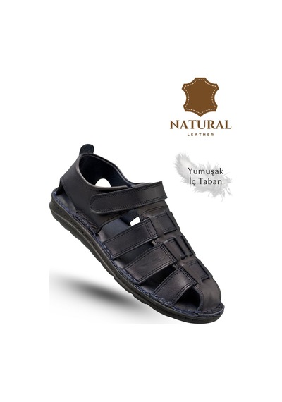 Sermoda %100 Hakiki Deri Burnu Kapalı Erkek Sandalet Lacivert