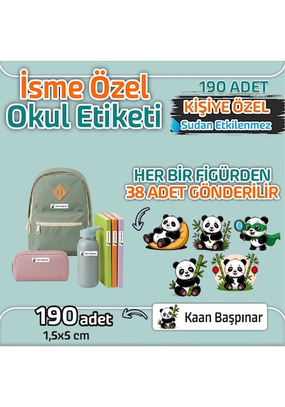 Kapbirhediye Okul Etiketi Isme Özel Kalem Defter Etiketi Panda Temalı 190 Adet Çok Renkli