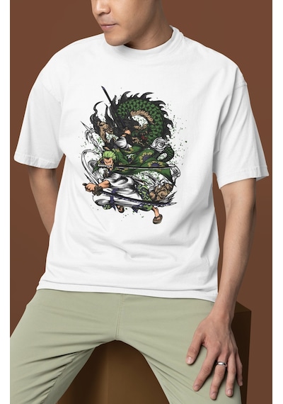 Tasarım Roronoa Zoro Baskılı Unisex Oversize One Piece Anime Kara Beyaz