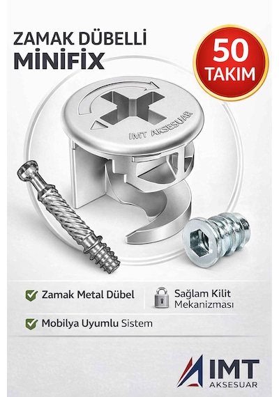 İmt Aksesuar Zamak Metal Dübelli Minifix Gövde Mil Ve Dübel Seti - Mobilya Ve Dolap Bağlantı Elemanı 50 Takım Metalik