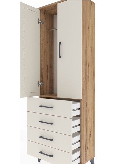 Arges Dolap Tek Raflı 4 Çekmeceli Tek Askılı 60x30x182 Çam-ay... Çam