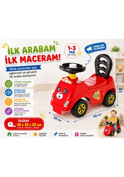Korna Sesli İlk Arabam Panda Desenli Çocuk Binmeli Oyuncak Araba 45x38x20 Cm 1-3 Yaş Kırmızı