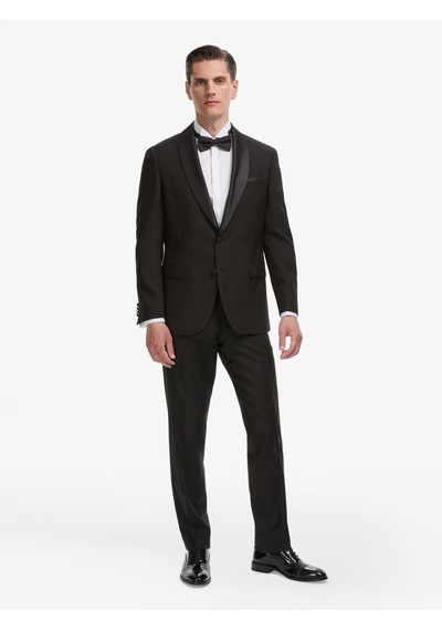 Cacharel Siyah Slim Fit Yün Karışımlı Şal Yaka Smokin Damatlık