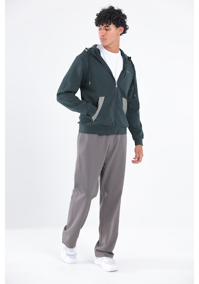 Rowinger Modal Kumaş Kapüşonlu Fermuarlı Kontrast Detaylı Erkek Sweatshirt Darkgreen