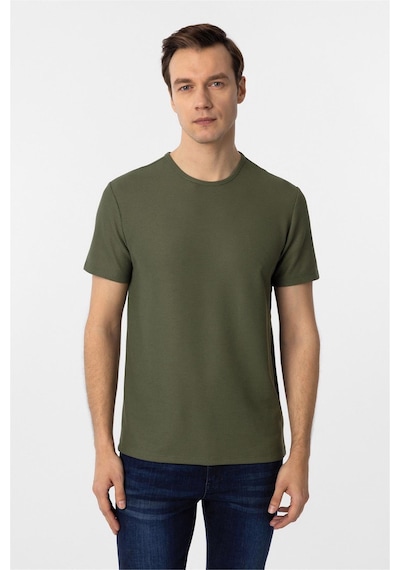 Süvari Koyu Haki Slim Fit Armürlü Bisiklet Yaka Tişört Koyu Haki