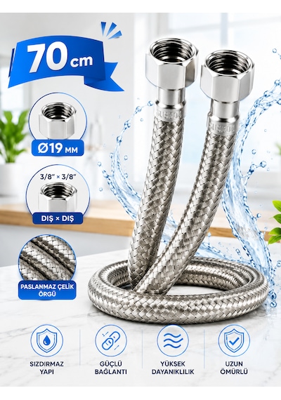 70 Cm Paslanmaz Çelik Örgülü Flex Hortum 3/8 X3/8 Klozet Ve Taharet Musluğu İçin Dayanıklı Bağlantı Hortumu