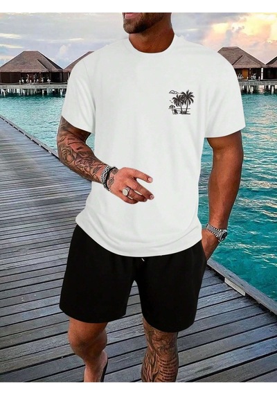 Palmiye T-shirt - Beyaz Baskılı Oversize Bisiklet Yaka Kısa Kol Tişört Beyaz