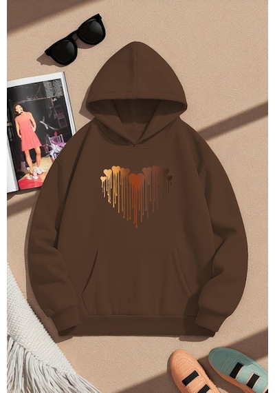 Uyguntarz Unisex Eriyen Kalpler Tasarım Basklı Sweatshirt Kahverengi