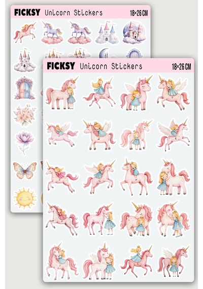 Sevimli Pastel Unicorn Sticker Seti - Prenses Sticker - Tek Boynuzlu At - 55 Adet Etiket Çıkartma Diğer