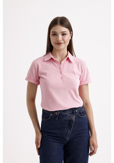 Sweetness Kadın Pembe Gömlek Yaka Kısa Kol Pamuklu Tişört Pembe
