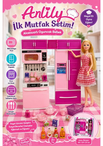 Anlily Aksesuarlı Oyuncak Bebekli İlk Mutfak Setim - Buzdolabı Ve Bulaşık Makineli Kız Çocuk Evcilik Seti
