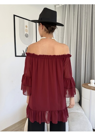Lodmela Yaka Lastikli Şifon Bluz 6022-Bordo