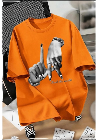 La El İşareti Ön Baskılı Sokak Modası Unisex T-shirt Turuncu
