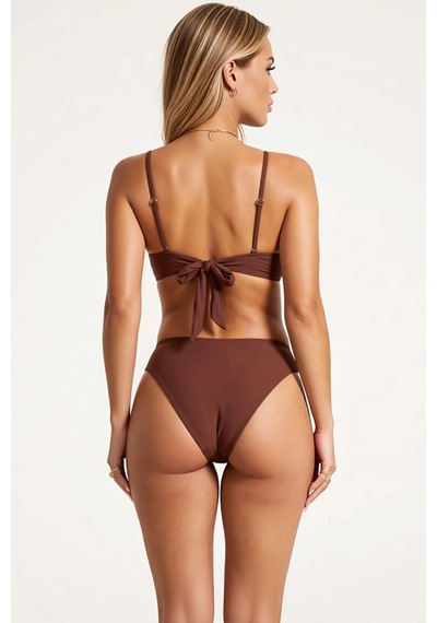 Benerly Kadın Bikini Takımı İnce Askılı Desteksiz Bandeau Üst Normal Bel Kahverengi