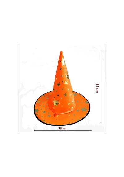 Yıldız Desenli Hallloween Cadı Şapkası, 38cm - Turuncu