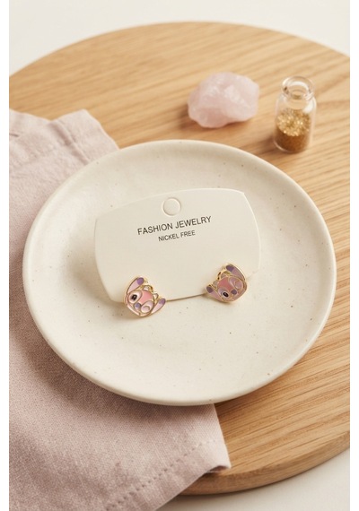 Pirinç Gold Renk Pembe Stiç Model Çocuk Küpe Renkli