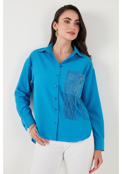 Lela Regular Fit Güpürlü Cep Detaylı Uzun Kollu Bayan Gömlek 6773215 Mavi