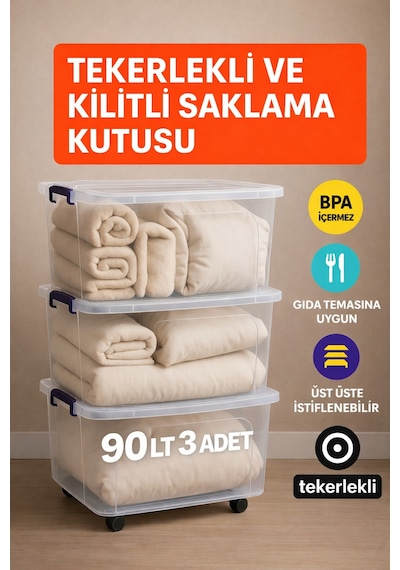 90 Lt Şeffaf Saklama Kutusu 3 Adet Kilitli Tekerlekli Depolama Düzenleme Beyaz