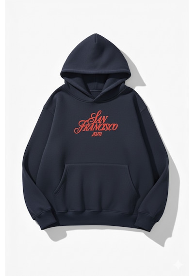 Uyguntarz Unisex Yumuşak Dokulu San Francisco Baskılı Tasarım Oversize 3 İplik Hoodie Sweatshirt Indigo
