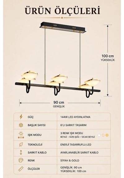 6'lı Modern Premium 3 Renkli Ledli Sarkıt Avizesi Salon Mutfak Yemek Masası Üstü Şık Modelleri 144w Bej