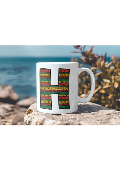 H Harfi Etnik Desenli Kupa - Afrika Tarzı Kahve Çay Kupası - Hediyelik - Black History Beyaz