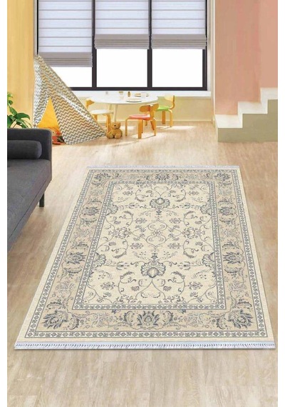 Krem Çerçeveli Dokuma Pamuk Taban Kaymaz Kilim Klm171n11