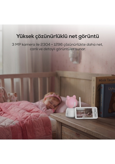 Xenon Smart Bebek Kamerası 3MP 5" Lcd Monitör - Mobil Kontrol - Ninni - Hareket Algılama, Gece Görüş Pembe-x7202 - Pembe