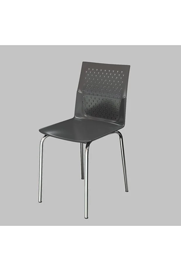 Casella Roy Plastik Sandalye Metal Krom Ayak Mutfak Salon Çalışma Sandalyesi 4'lü Takım Siyah Siyah