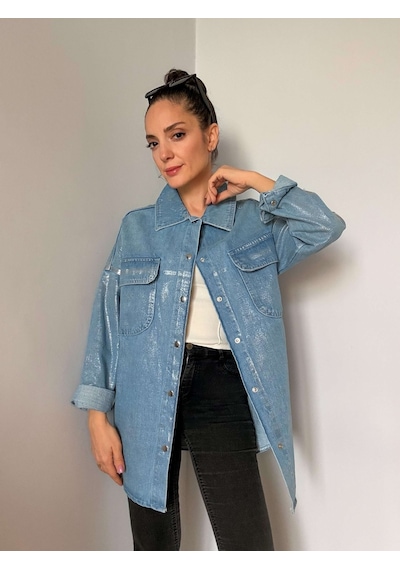 Ali Butik Mavi Renk Gümüş Varaklı Denim Oversize Gömlek Mavi