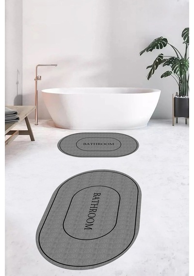 Buççin Online Mağaza Dijital Baskılı Yıkanabilir Kaymaz Sade Bathroom Yazılı Oval Banyo Paspası Klozet Takımı Polipropile Çok Renkli