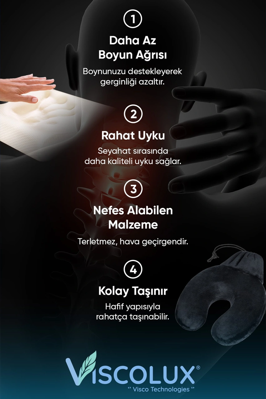Ortopedik Visco Seyahat Yastığı - Visco Boyun Destekli Yastık 30x30x12 Siyah
