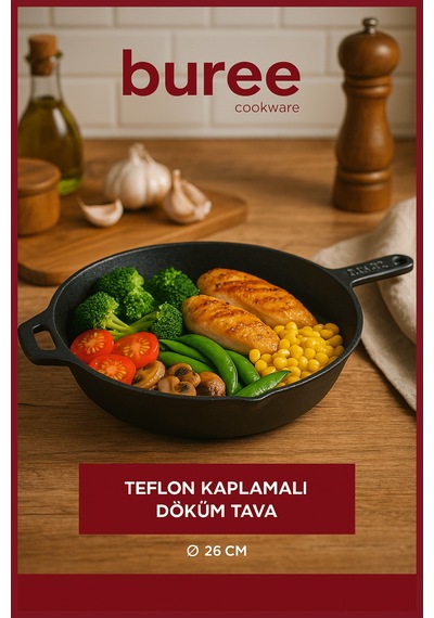 Buree Yuvarlak Teflon Kaplamalı Döküm Tava - Çap 26 Cm Siyah