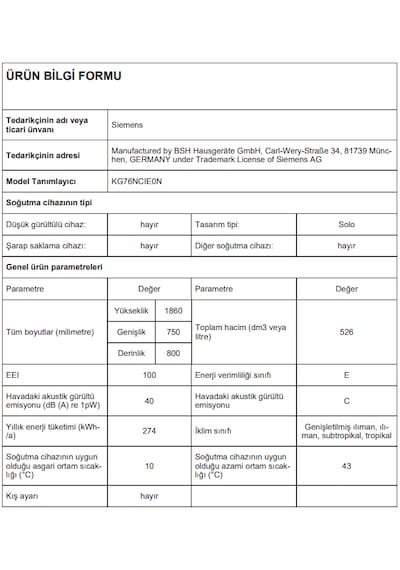 Siemens KG76NCIE0N 526 LT No-Frost Kombi Tipi Buzdolabı