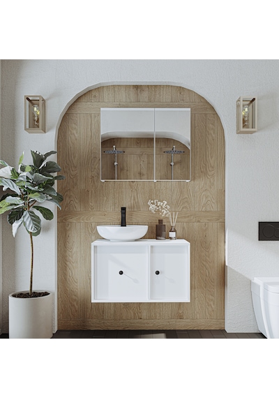 Lavabolu Mat Mdf 75 Cm Çekmeceli Dolabı + Aynalı Dolabı Beyaz Mat Beyaz