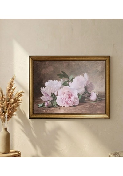 Klasik Gold Çerçeveli Pembe Şakayık Çiçekleri Tablo Lüks Salon Oturma Odası Duvar Dekoru 80x60 Cm