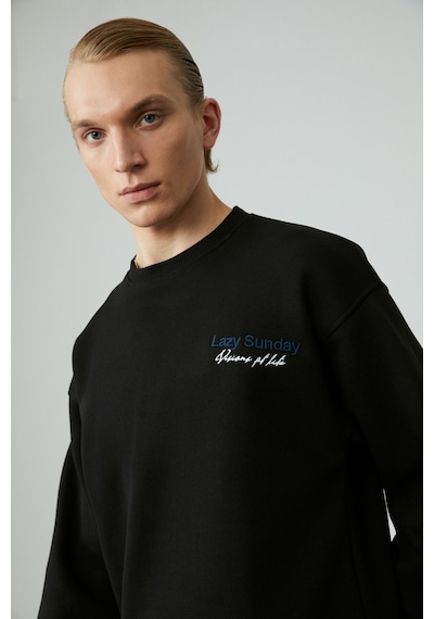 Grımelange LAZYNESS Erkek Yuvarlak Yaka 3 İplik Siyah Sweatshirt