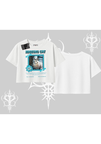 Tarzsokak Missing Cat Baskılı Oversize Crop Tshirt Beyaz