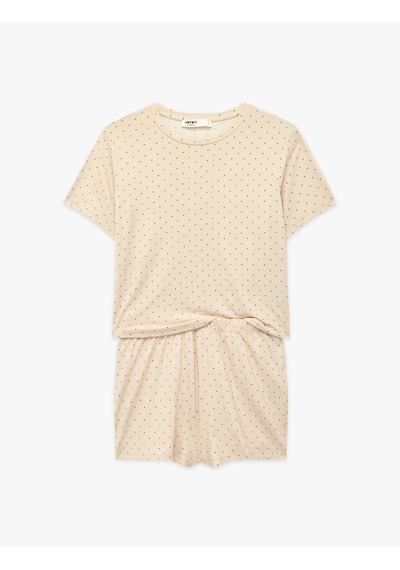Koton Puantiyeli Rahat Kalıp Kısa Kollu Bisiklet Yaka Şortlu Pijama Takımı Bej Desenli 7wlk40114mk Ekru Koton Puantiyeli Rahat Kalıp Kısa Kollu Bisiklet Yaka Şortlu Pijama Takımı Bej Desenli 7wlk40114mk Ekru